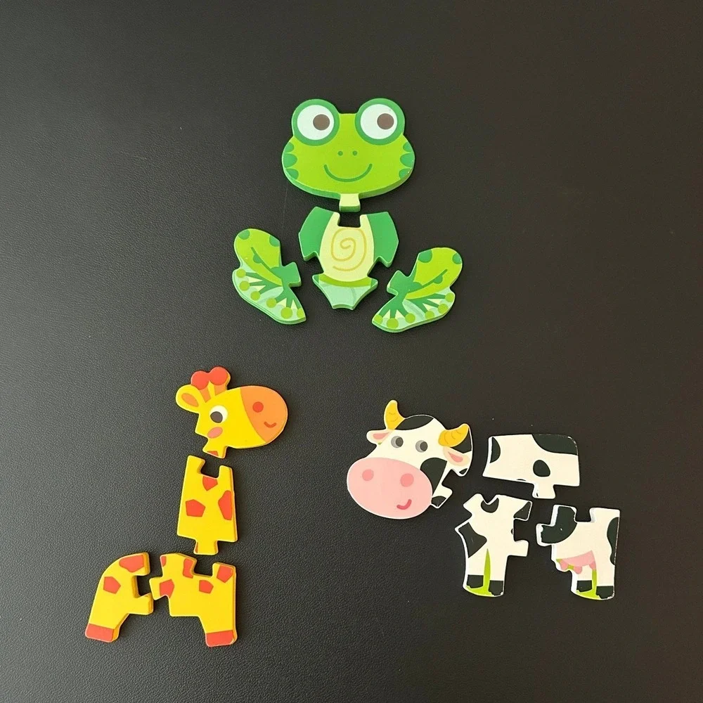 Toddler Wooden Chunky Puzzle Set Frog Giraffe Cow 3 Pack Educational Toys